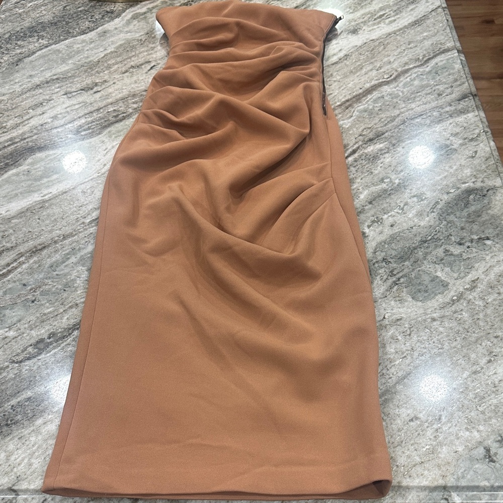 Strapless Ruched Pencil Skirt in Camel